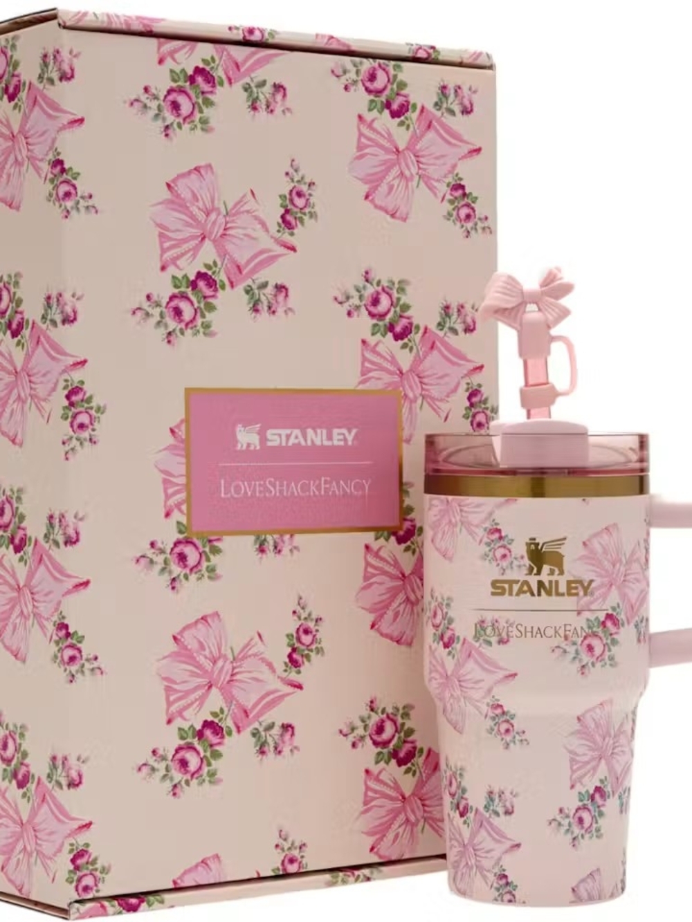 Stanley Pink Floral Tumbler with Bow-Accent Straw Lid In Shade Pink Mink